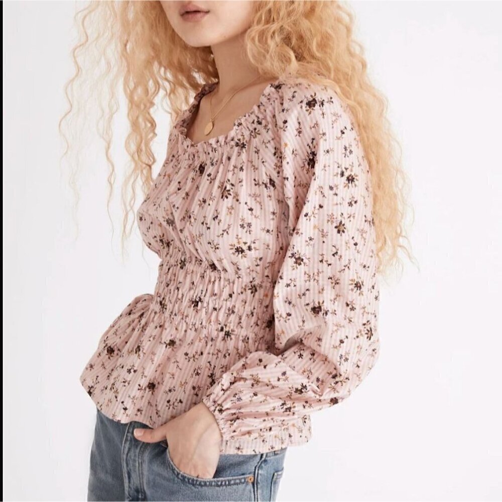 SALE Madewell Sophia Bouquet Pink Floral Print Smocked Waist Long Sleeve Top M